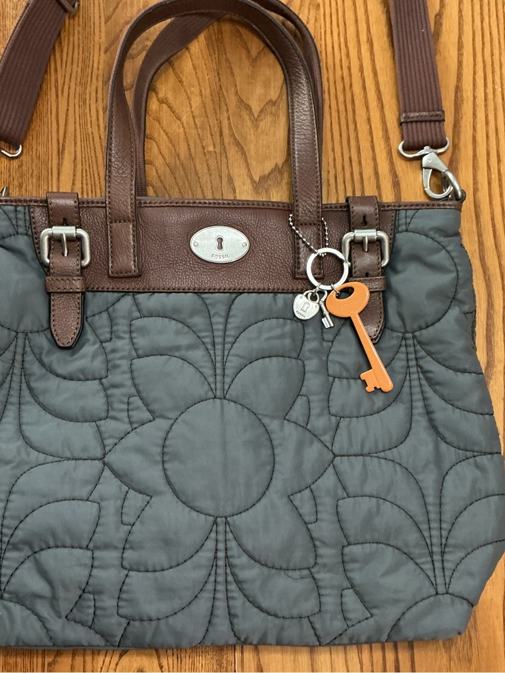 Fossil Quilted Floral Tote in Gray with Brown Trim